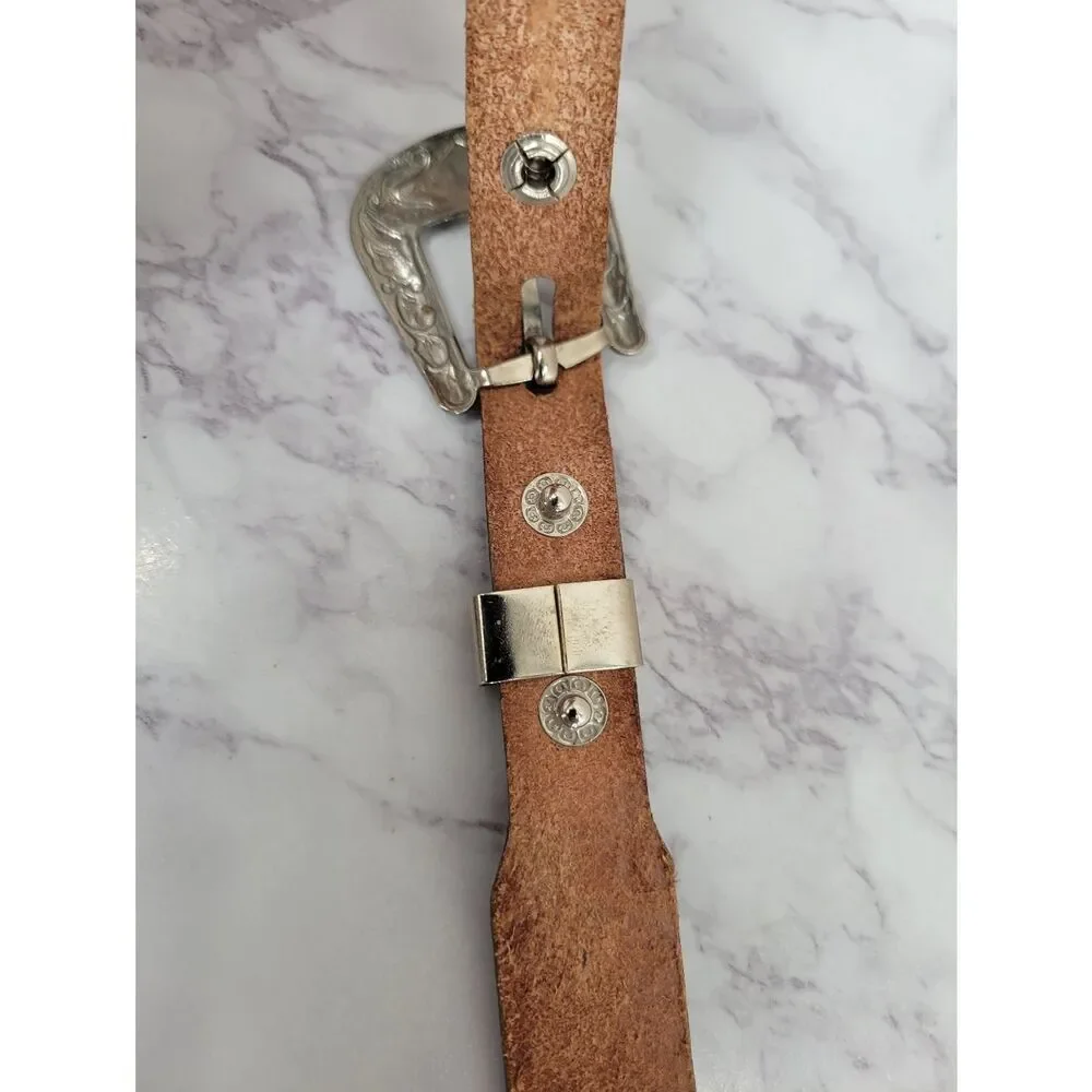 Gray Leather Basket Weave Embossed Belt with Red Lace Accent and Conchos